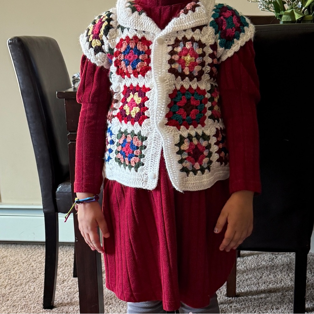 White and Red Crochet Vest with Granny Square Pattern